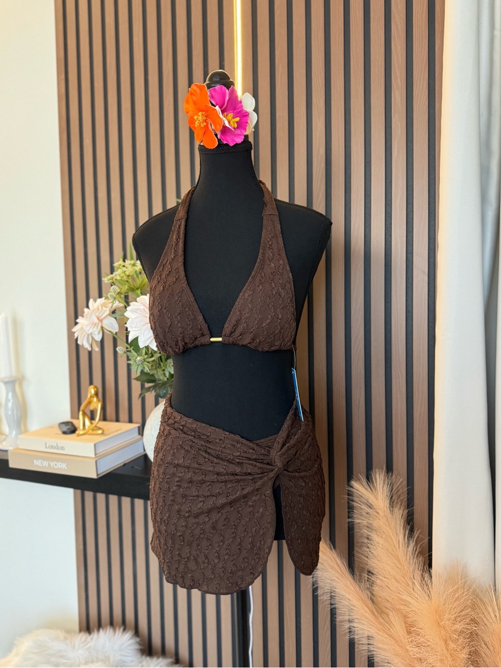 Textured Brown Halter Bikini with Wrap Skirt